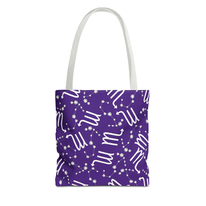 Tote Bag, Scorpio Zodiac Sign, AOP, (Purple, White)