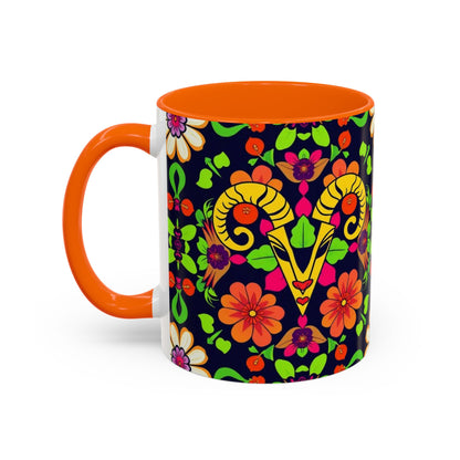Accent Coffee Mug, Aries, Zodiac v2, Flower Pattern, (11, 15oz)