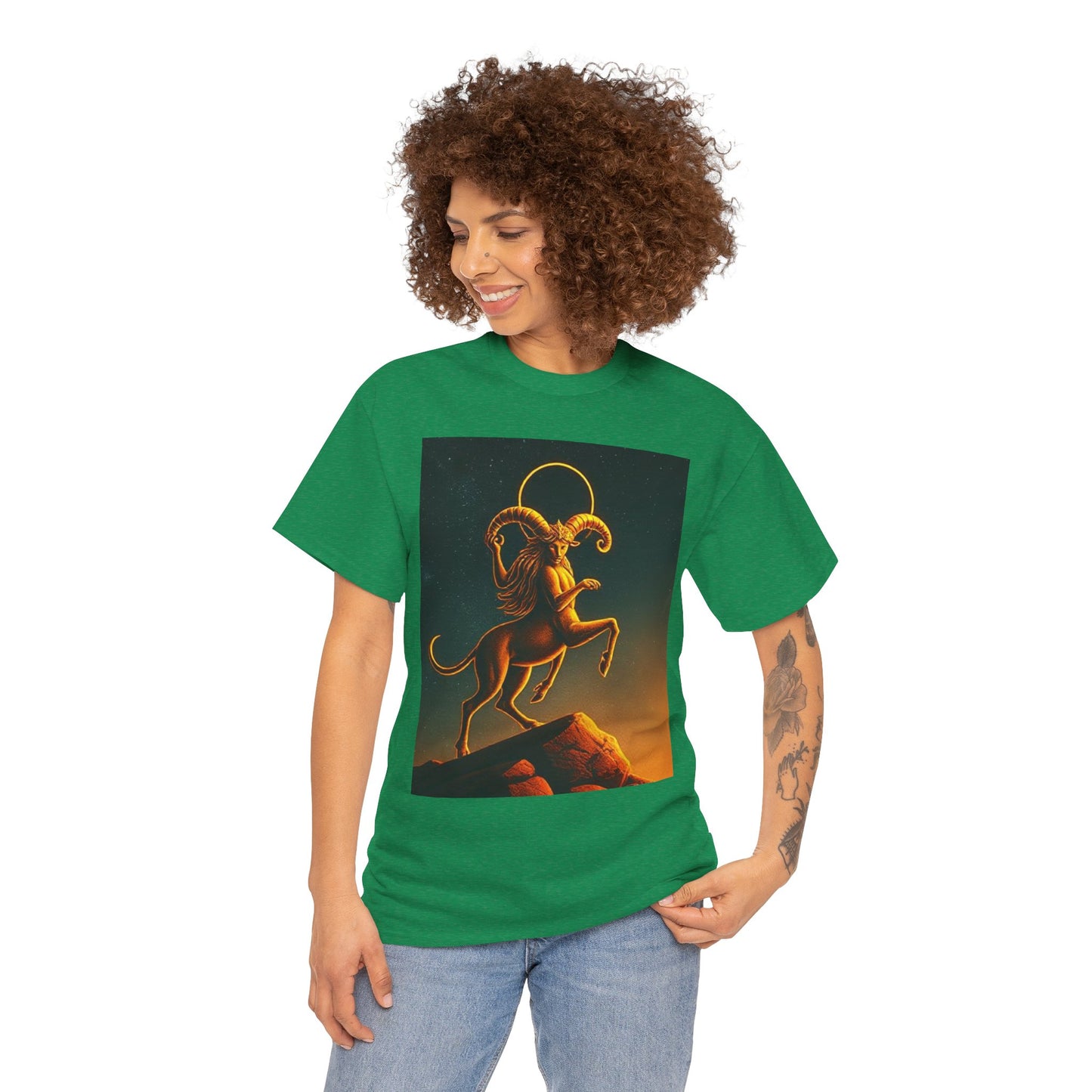 Unisex Heavy Cotton T-Shirt, Mountain Top, Aries Zodiac Design