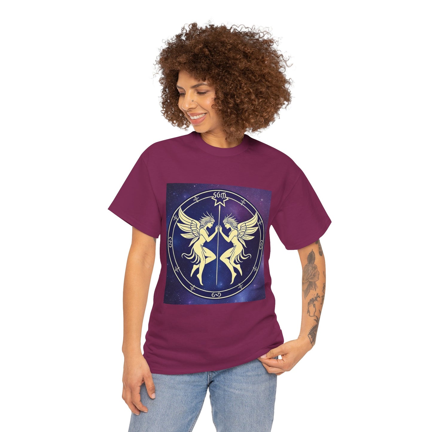 Unisex Heavy Cotton T-Shirt, Space Angel Twins v1, Gemini Zodiac Design