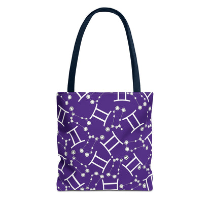 Tote Bag, Gemini Zodiac Sign, AOP, (Purple, White Print)