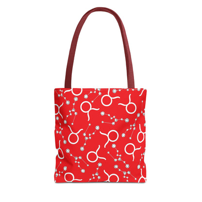 Tote Bag, Taurus Zodiac Sign, AOP, (Red, White)