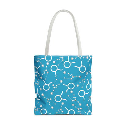 Tote Bag, Taurus Zodiac Sign, AOP, (Turquoise, White)