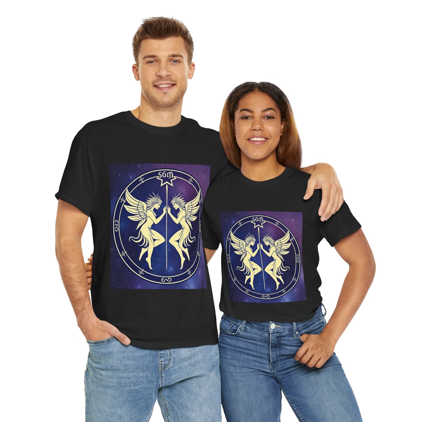 Unisex Heavy Cotton T-Shirt, Space Angel Twins, Gemini Zodiac Design