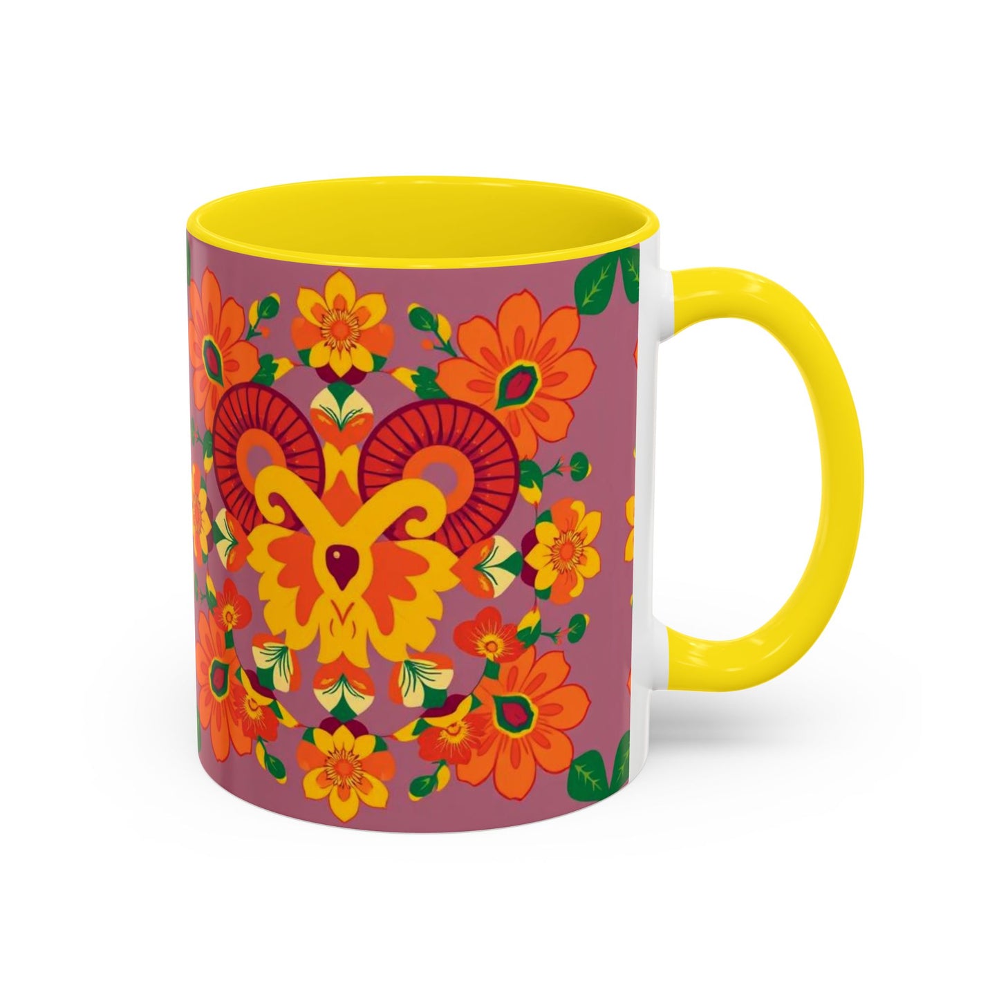Accent Coffee Mug, Aries, Zodiac v1, Flower Pattern, (11, 15oz)
