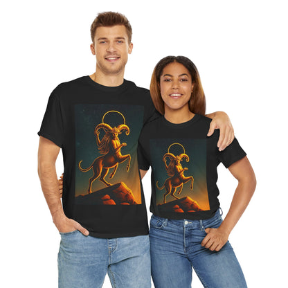 Unisex Heavy Cotton T-Shirt, Mountain Top, Aries Zodiac Design
