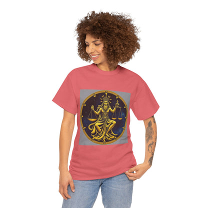 Unisex Heavy Cotton T-Shirt, Gold v1, Libra God, Zodiac Design