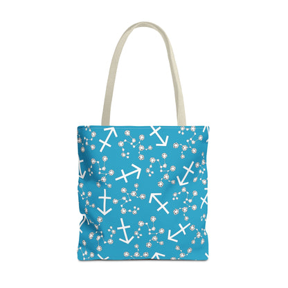Tote Bag, Sagittarius Zodiac Sign, AOP, (Turquoise, White Print)