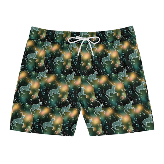 Men's Mid-Length Swim Shorts, (AOP), Capricorn, Zodiac v1, Bubble Pattern
