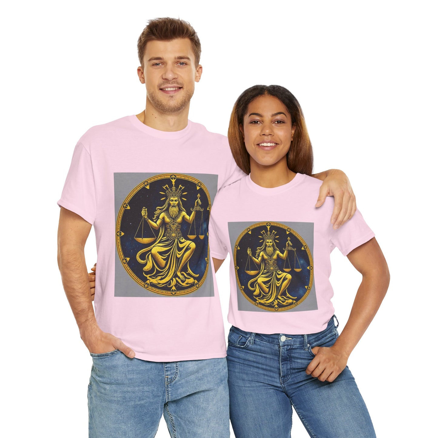 Unisex Heavy Cotton T-Shirt, Gold v1, Libra God, Zodiac Design