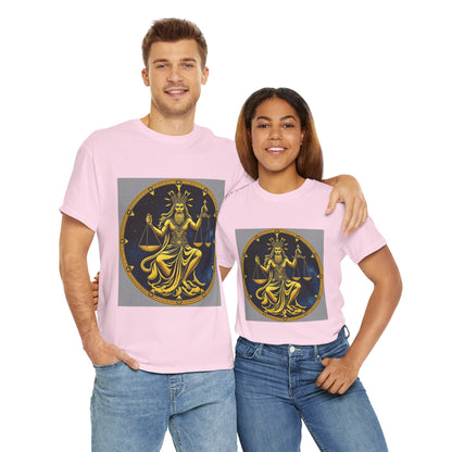 Unisex Heavy Cotton T-Shirt, Gold v1, Libra God, Zodiac Design