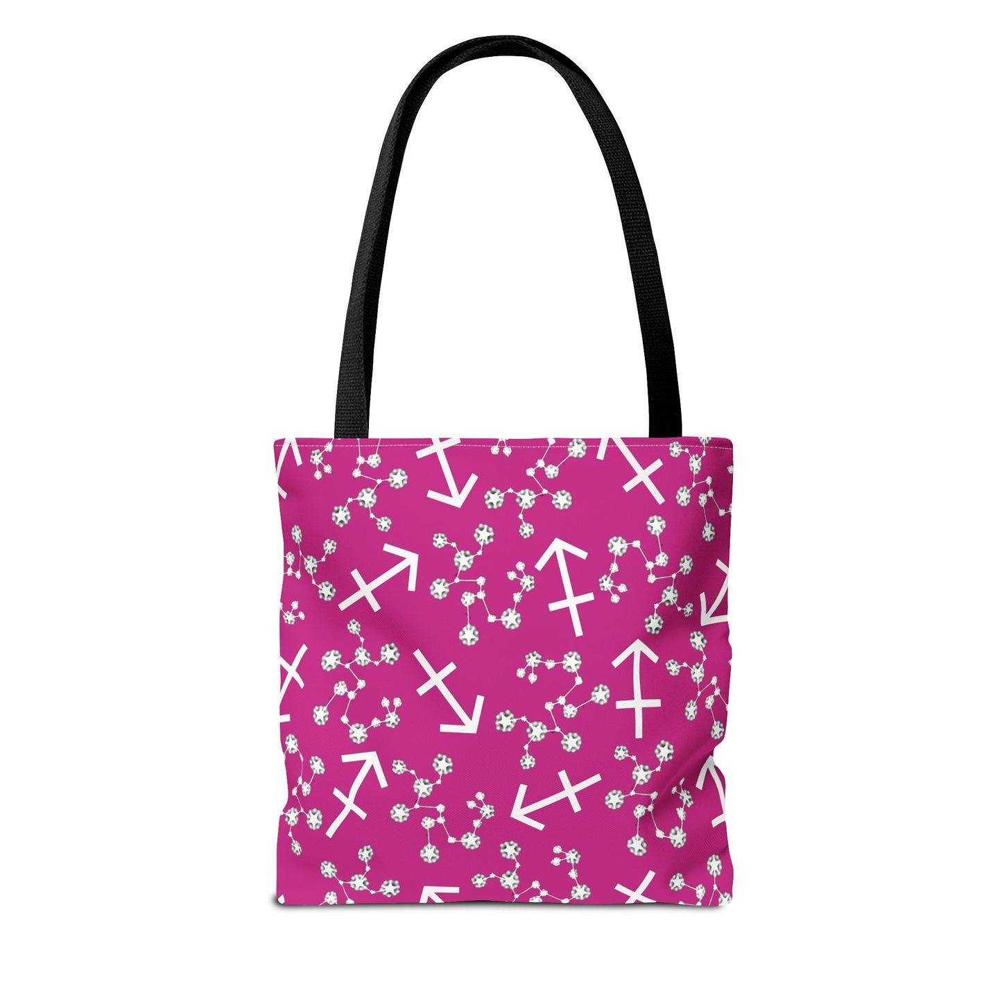 Tote Bag, Sagittarius Zodiac Sign, AOP, (Pink, White Print)