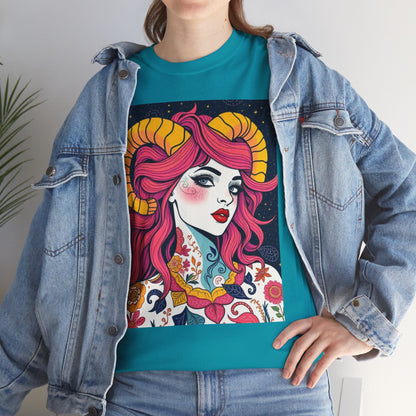 Unisex Heavy Cotton T-Shirt, Aries, Zodiac v2, Sexy Art