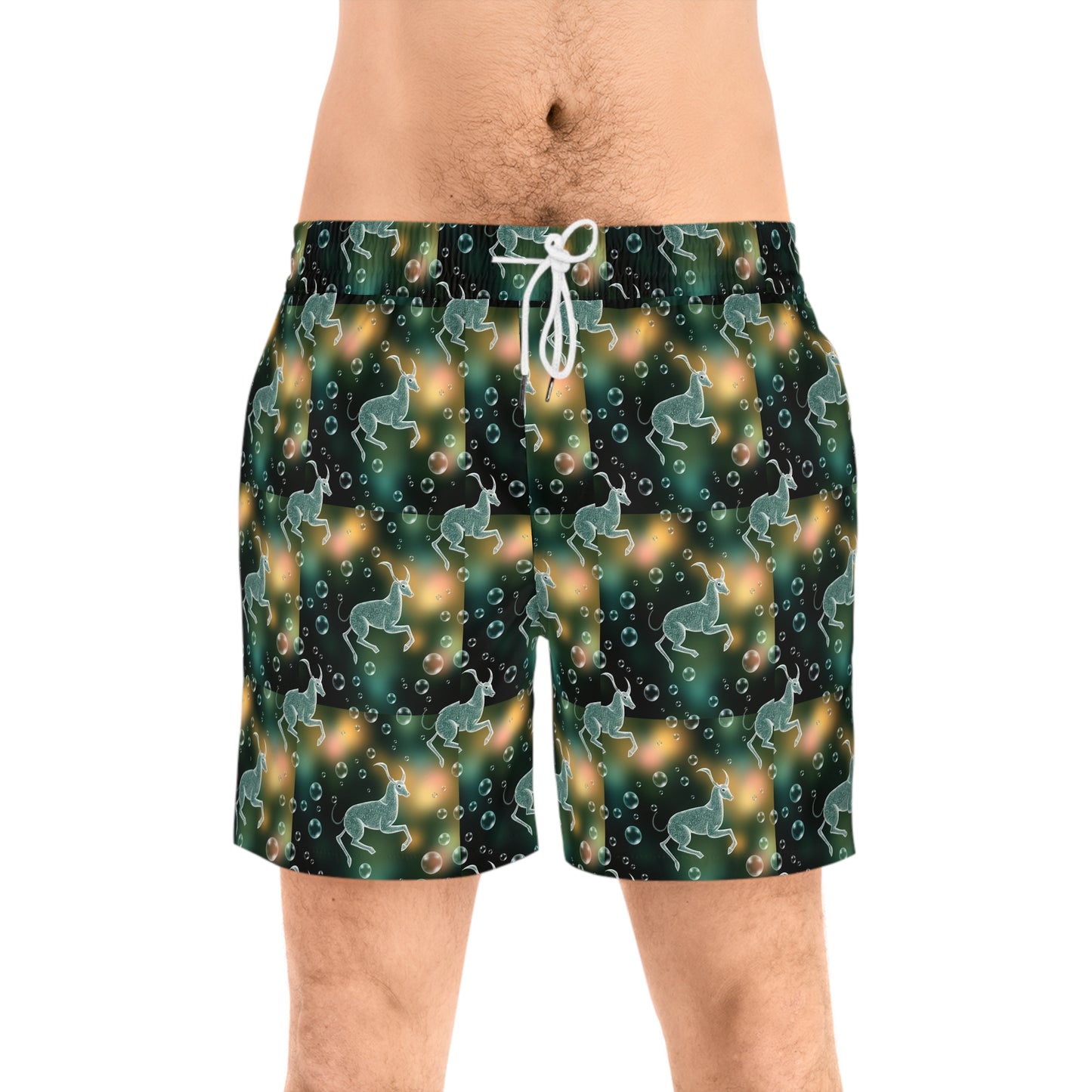 Men's Mid-Length Swim Shorts, (AOP), Capricorn, Zodiac v1, Bubble Pattern