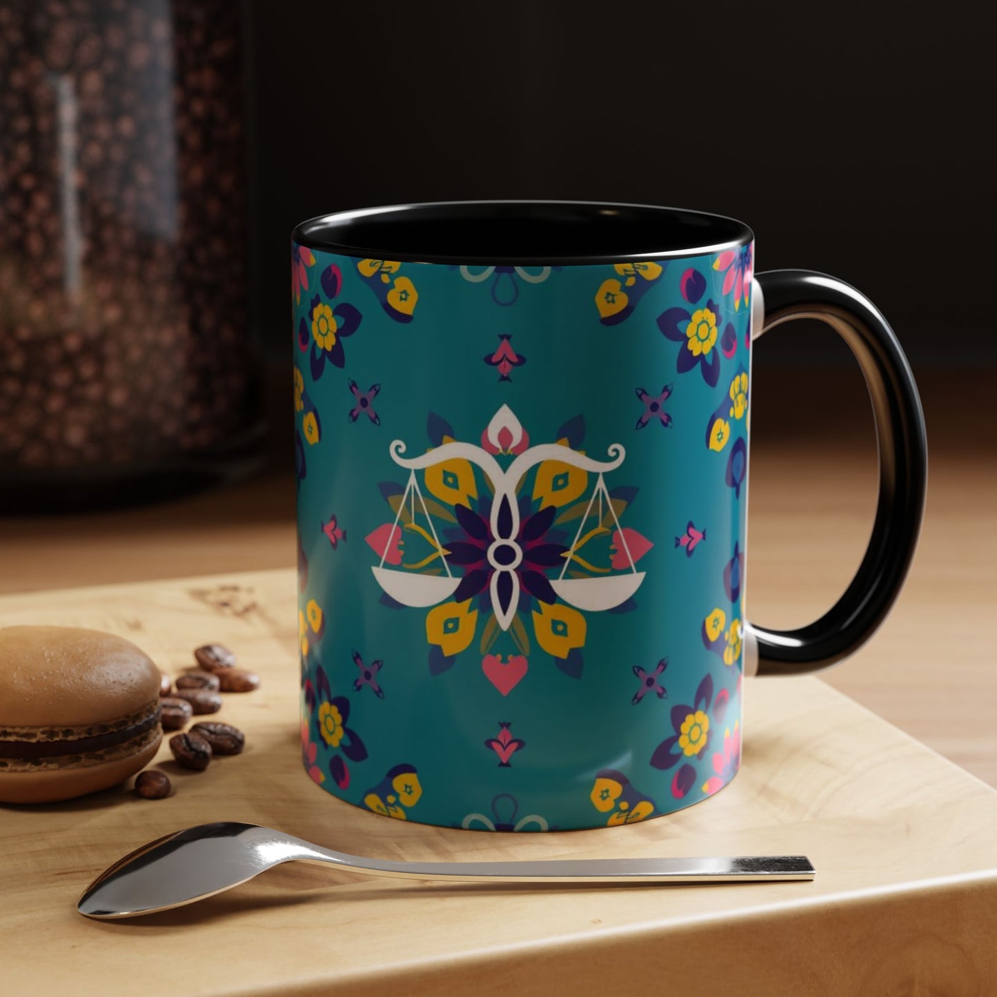 Accent Coffee Mug, Libra, Zodiac v2, Flower Pattern, (11, 15oz)