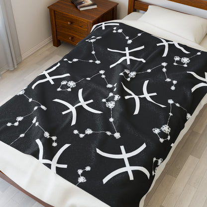 Velveteen Plush Blanket, Pisces Zodiac Sign, Constellation & Symbol, Black, 100% polyester