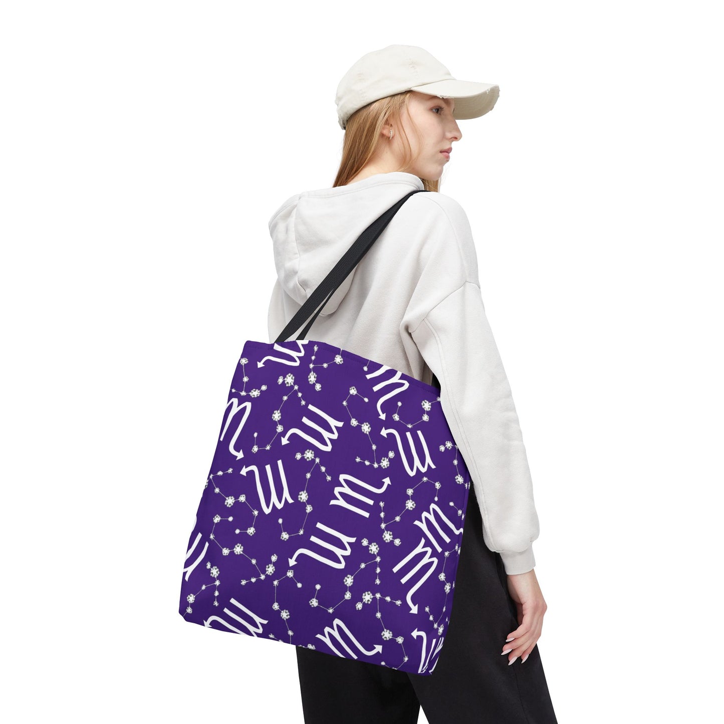 Tote Bag, Scorpio Zodiac Sign, AOP, (Purple, White)