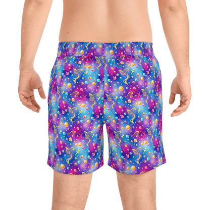 Men's Mid-Length Swim Shorts, (AOP), Sagittarius, Zodiac, Bubble Pattern