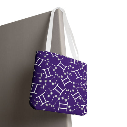 Tote Bag, Gemini Zodiac Sign, AOP, (Purple, White Print)