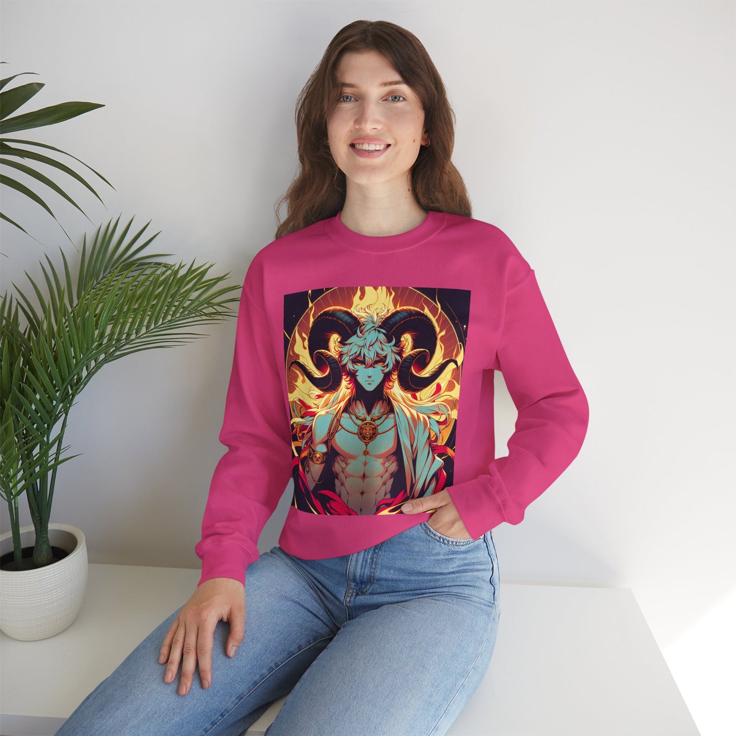 Unisex Heavy Blend™ Crewneck Sweatshirt, Anime Fire Aries, Zodiac Design