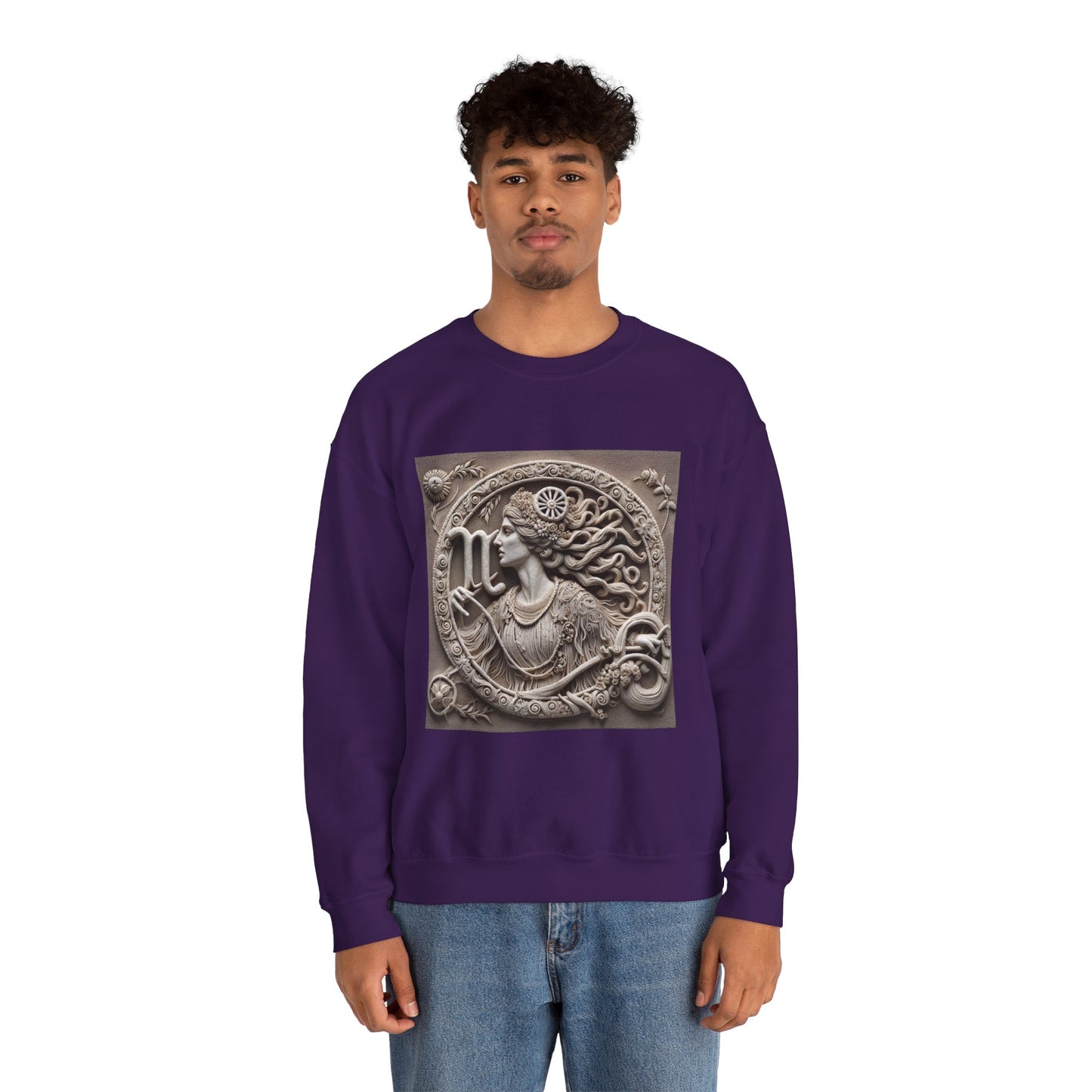 Unisex Heavy Blend™ Crewneck Sweatshirt, Stone Carving, Virgo Zodiac Design