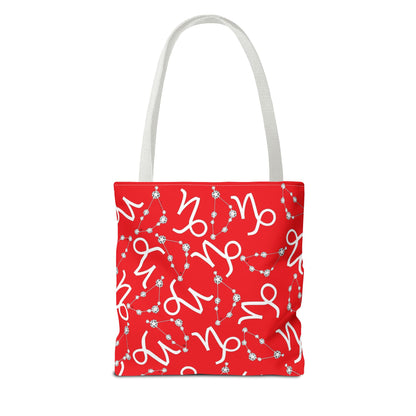 Tote Bag, Capricorn Zodiac Sign, AOP, (Red, White)