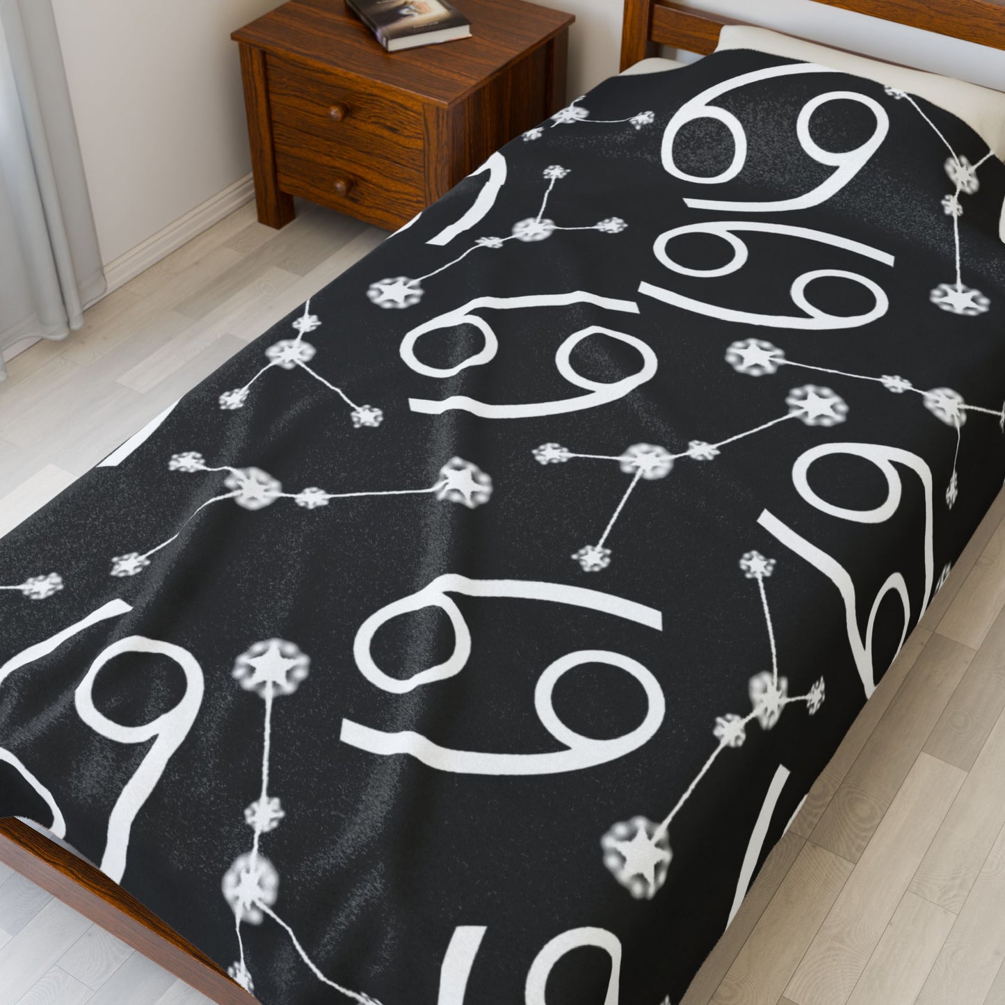 Velveteen Plush Blanket, Cancer Zodiac Sign, Constellation & Symbol, Black, 100% polyester