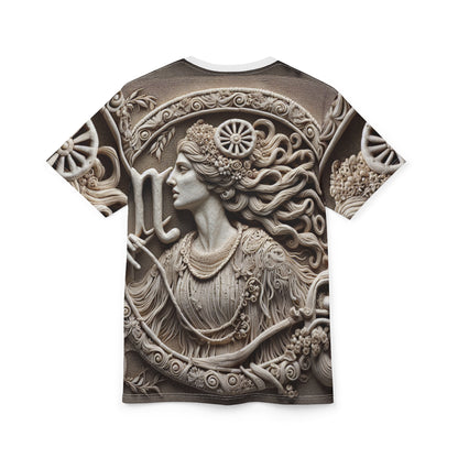 Unisex Cut & Sew T-Shirt (AOP), Lady Stone Carving, Virgo Zodiac Design, Regular fit, 100% Polyester