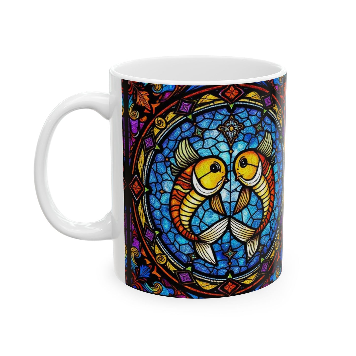 Ceramic Mug, (11oz, 15oz), Ceramic Coffee Mug, AOP, Glass Design, Pisces Zodiac Sign