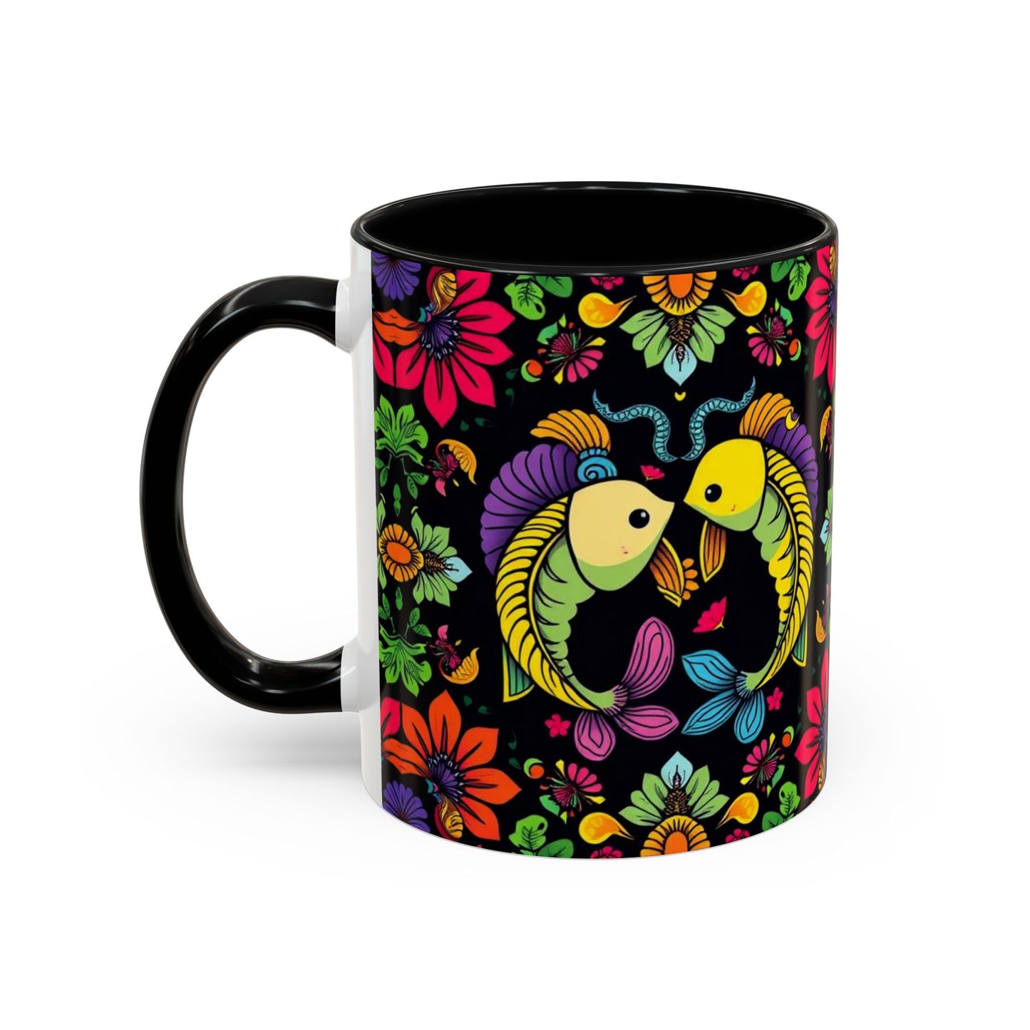 Accent Coffee Mug, Pisces, Zodiac v3, Flower Pattern, (11, 15oz)