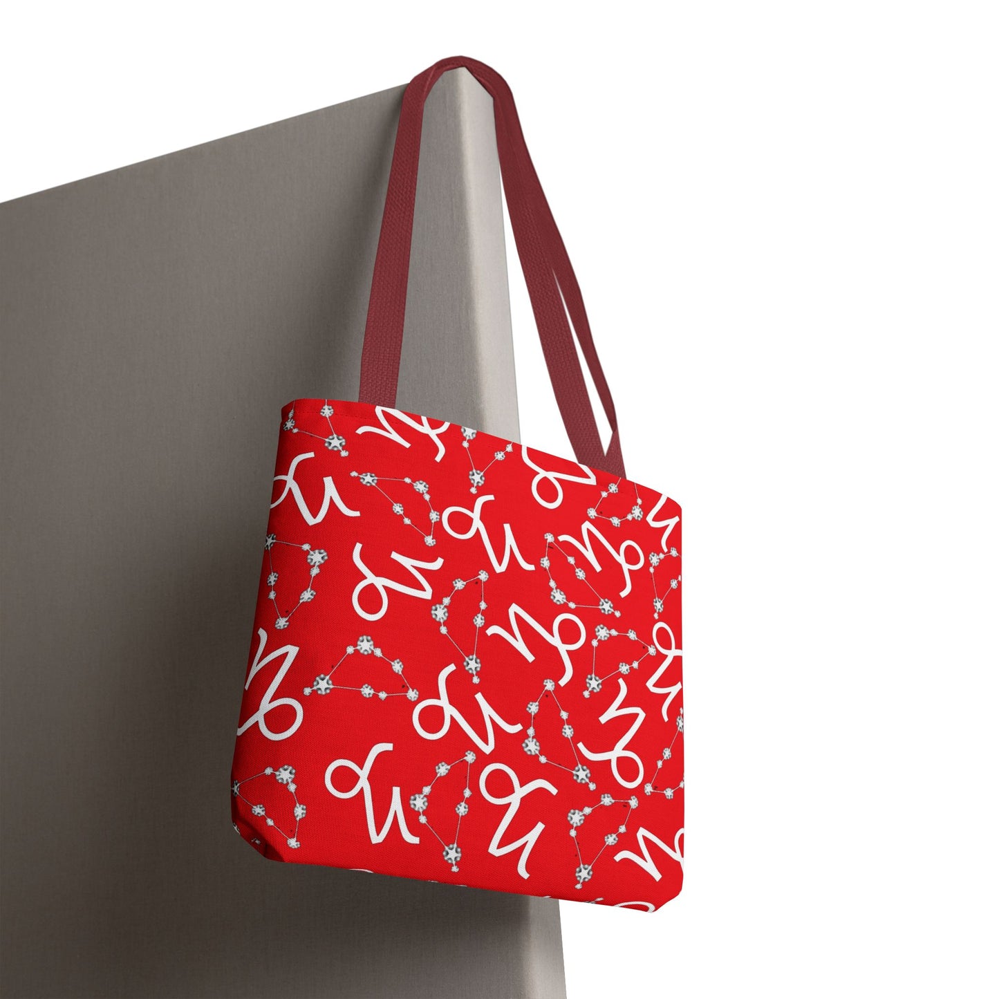 Tote Bag, Capricorn Zodiac Sign, AOP, (Red, White)