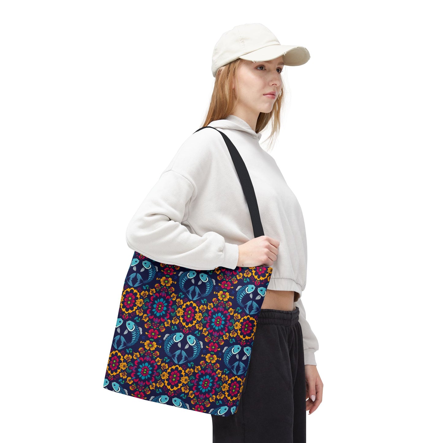 Tote Bag, (AOP), Pisces, Zodiac v3, Flower Pattern
