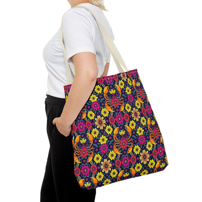 Tote Bag, (AOP), Scorpio, Zodiac v1, Flower Pattern