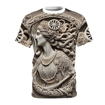 Unisex Cut & Sew T-Shirt (AOP), Lady Stone Carving, Virgo Zodiac Design, Regular fit, 100% Polyester