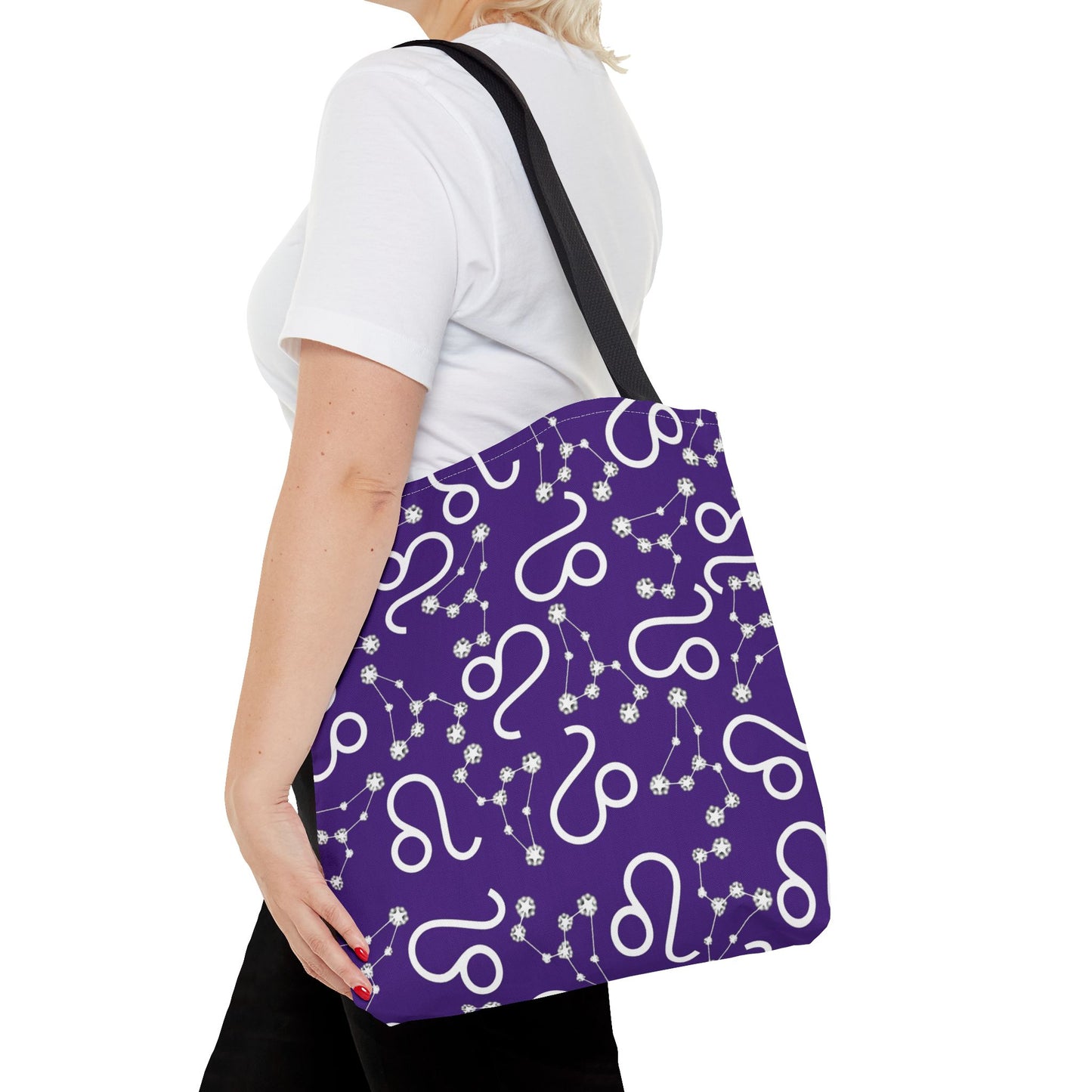 Tote Bag, Leo Zodiac Sign, AOP, (Purple, White)