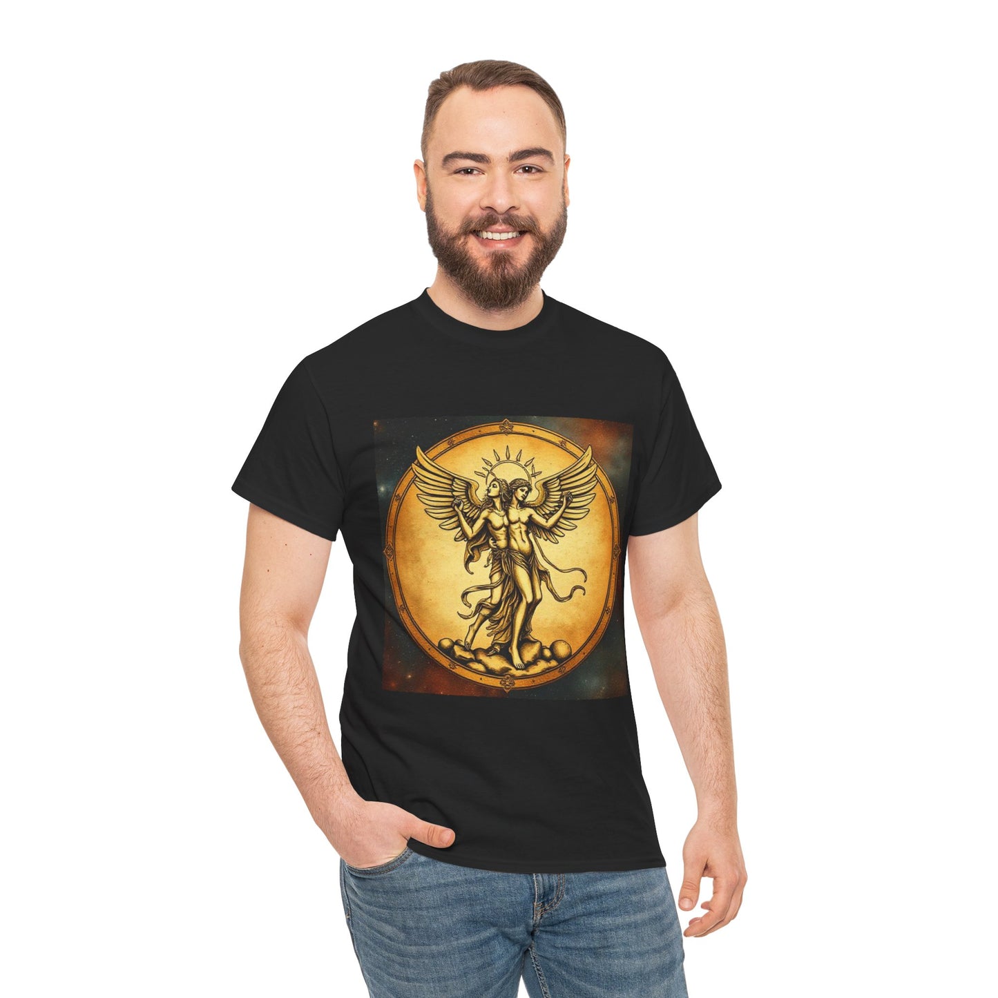 Unisex Heavy Cotton T-Shirt, Twin Angel v1, Gemini Zodiac Design