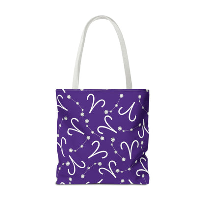 Tote Bag, Aries Zodiac Sign, AOP, (Purple, White)