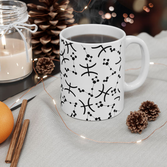 Ceramic Mug, (11oz, 15oz), Ceramic Coffee Mug, AOP, Constellation & Symbol, Pisces Zodiac Design