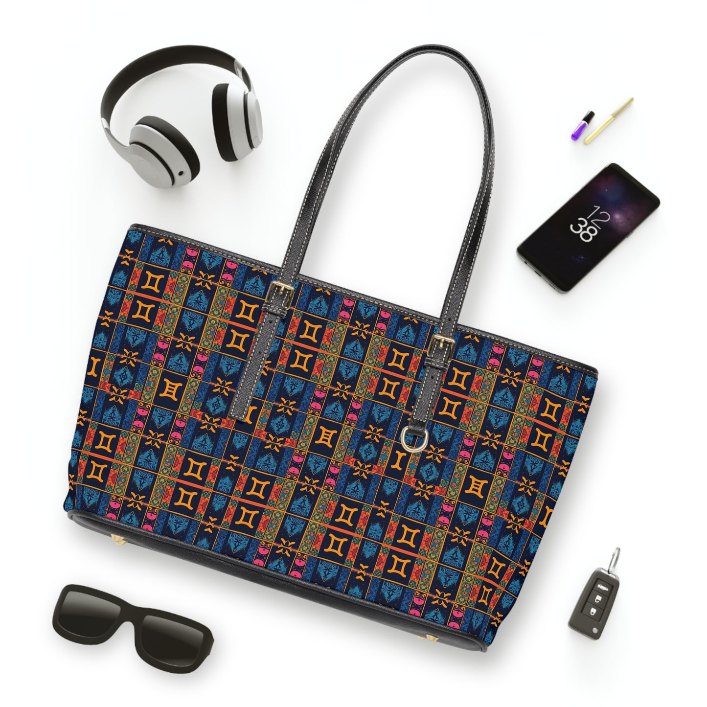 Leather Shoulder Bag, Gemini, Zodiac, Shapes Pattern