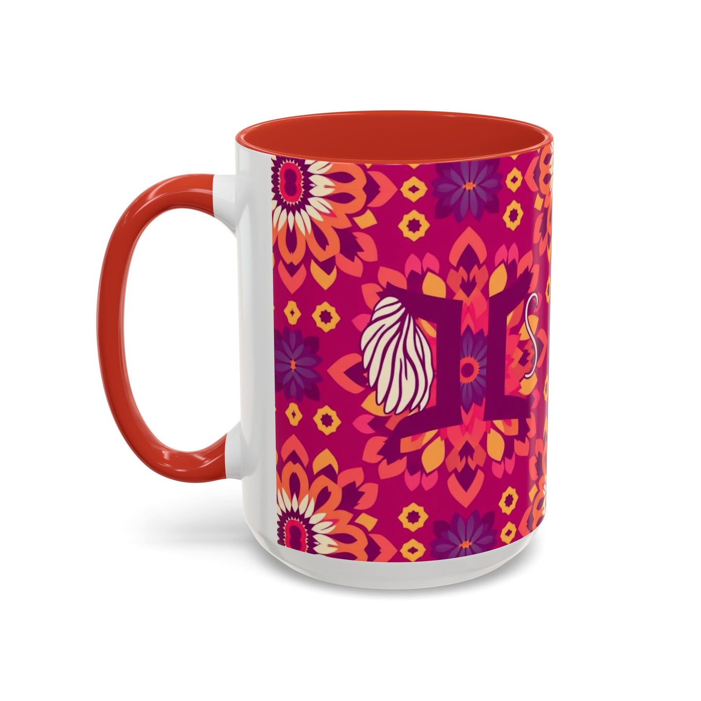 Accent Coffee Mug, Gemini, Zodiac v1, Flower Pattern, (11, 15oz)
