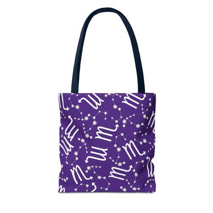 Tote Bag, Scorpio Zodiac Sign, AOP, (Purple, White)