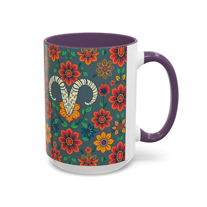 Accent Coffee Mug, Aries, Zodiac v4, Flower Pattern, (11, 15oz)