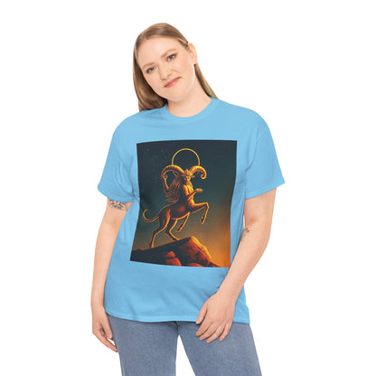 Unisex Heavy Cotton T-Shirt, Mountain Top 1v, Aries Zodiac Design