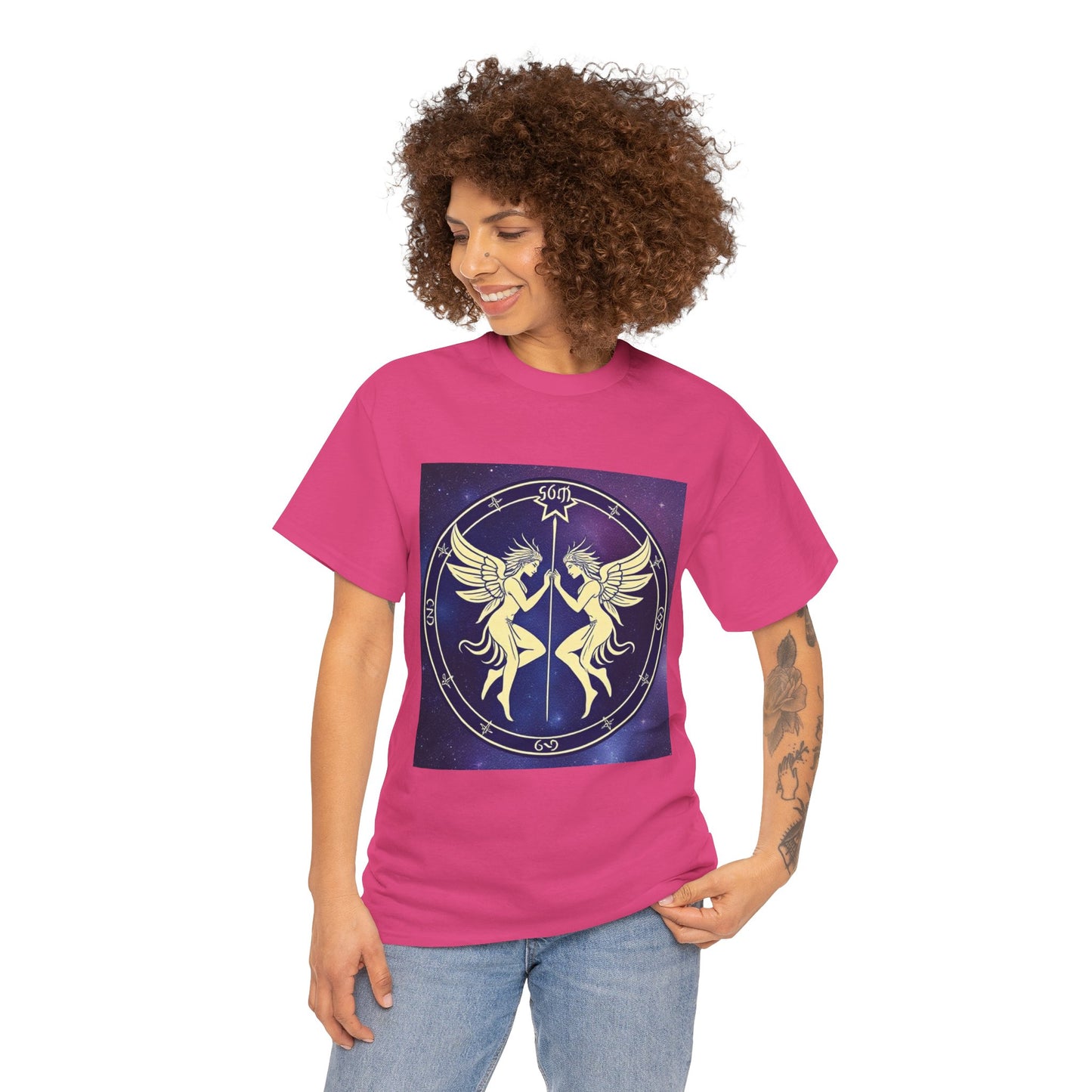 Unisex Heavy Cotton T-Shirt, Space Angel Twins, Gemini Zodiac Design