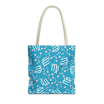 Tote Bag, Virgo Zodiac Sign, AOP, (Turquoise, White)