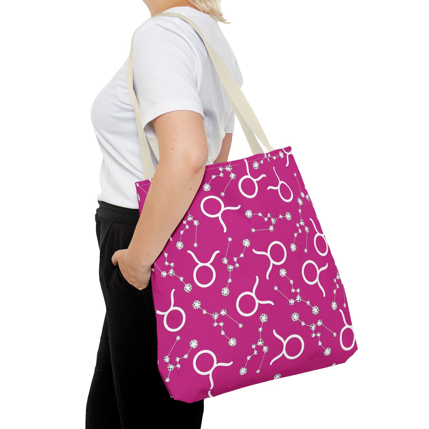 Tote Bag, Taurus Zodiac Sign, AOP, (Pink, White)