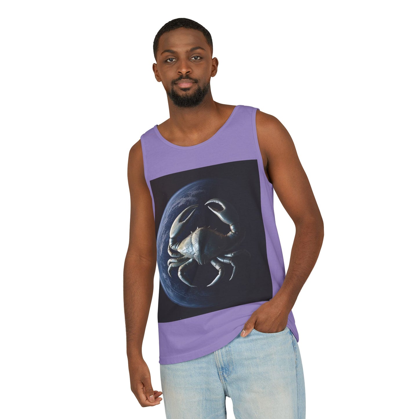 Unisex Garment-Dyed, Tank Top, Cancer Design, Planet Crab, 100% US cotton