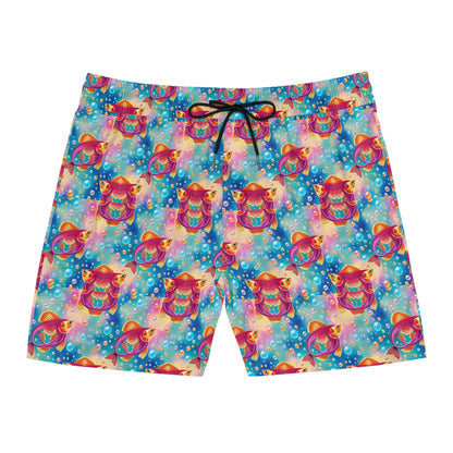 Men's Mid-Length Swim Shorts, (AOP), Pisces, Zodiac v3, Bubble Pattern