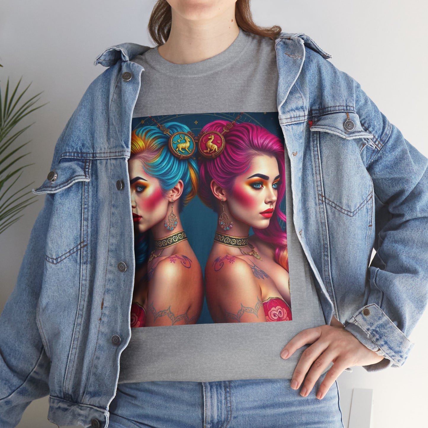 Unisex Heavy Cotton T-Shirt, Gemini, Zodiac v2, Sexy Art