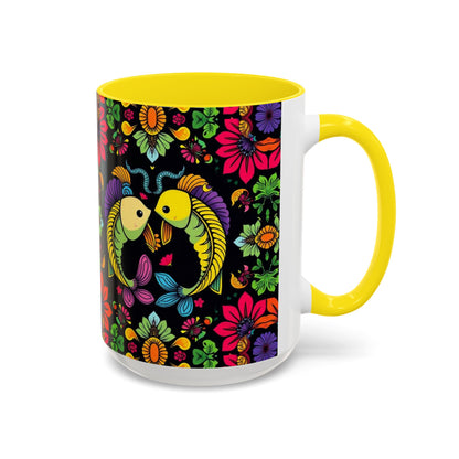 Accent Coffee Mug, Pisces, Zodiac v3, Flower Pattern, (11, 15oz)